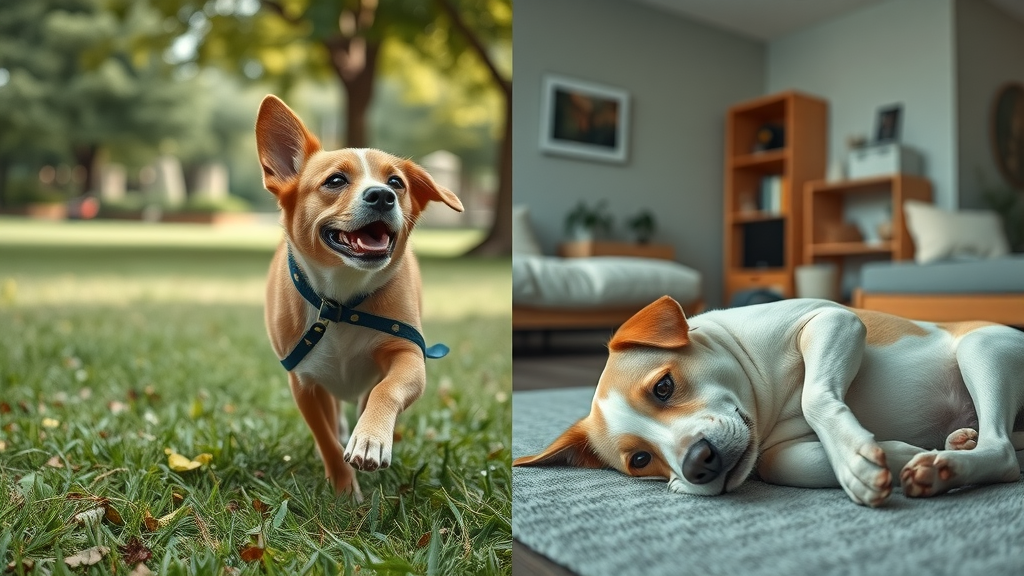 Split-scene active dog vs lethargic sick dog highlighting what are signs my dog is sick