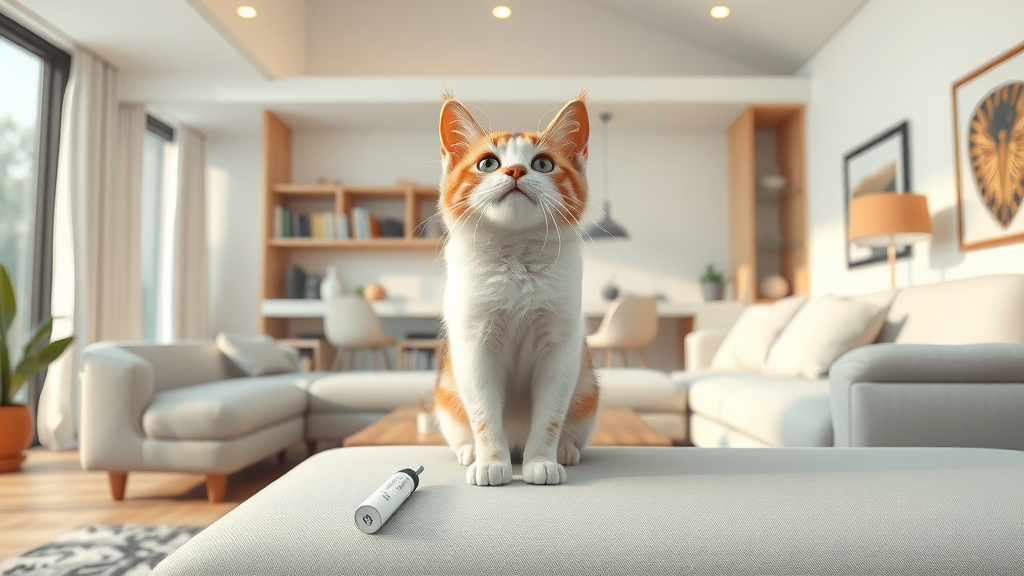 Solutions for cat hair: Modern living room with subtle fur hints and home cleaning tools