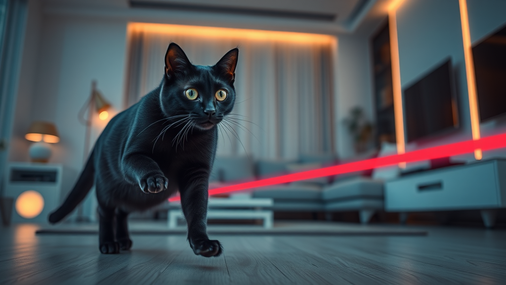 sleek black cat playing with a futuristic laser cat toy, suitable for what toys do cats enjoy most