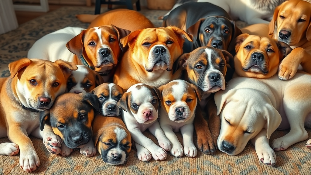 dogs of all sizes and ages illustrating normal body temperature range by breed and age group, lying content in a home setting