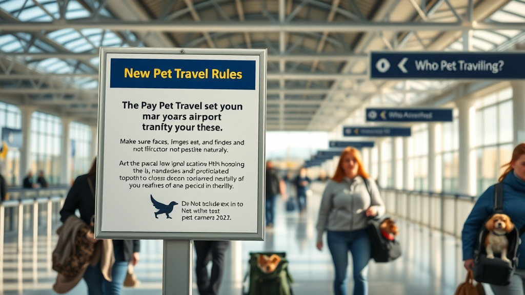 official airport sign explaining new pet travel rules, travelers with pets reading, updated airline regulations, photorealistic
