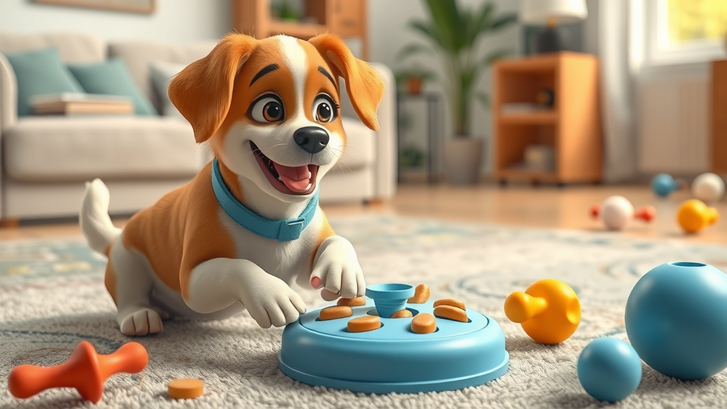 Happy dog engaging with an interactive puzzle dog toy, helping keep your dog busy and entertained during work hours.