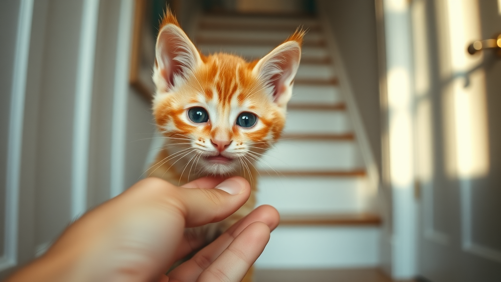 focused orange kitten doing recall training, receiving treat for coming when called