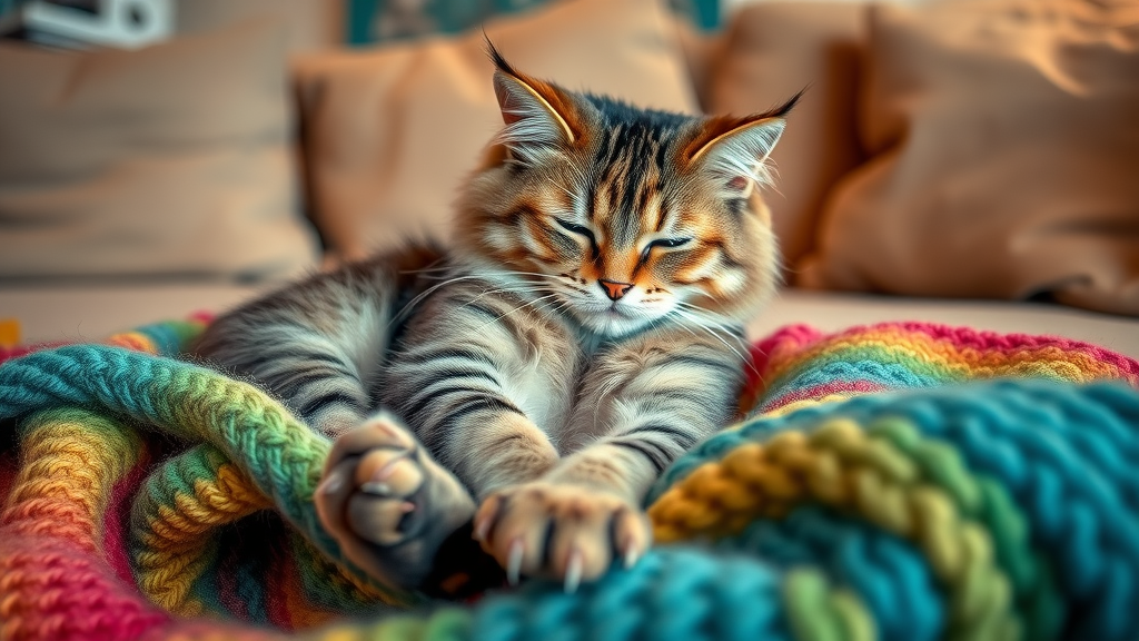 Tabby cat kneading plush blanket, why cats make biscuits on cozy fabrics
