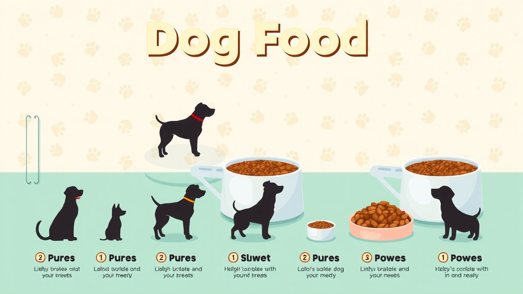 Infographic: measuring cups beside bowls of dog food and silhouettes of different breeds showing portions, how much should I feed my dog daily?