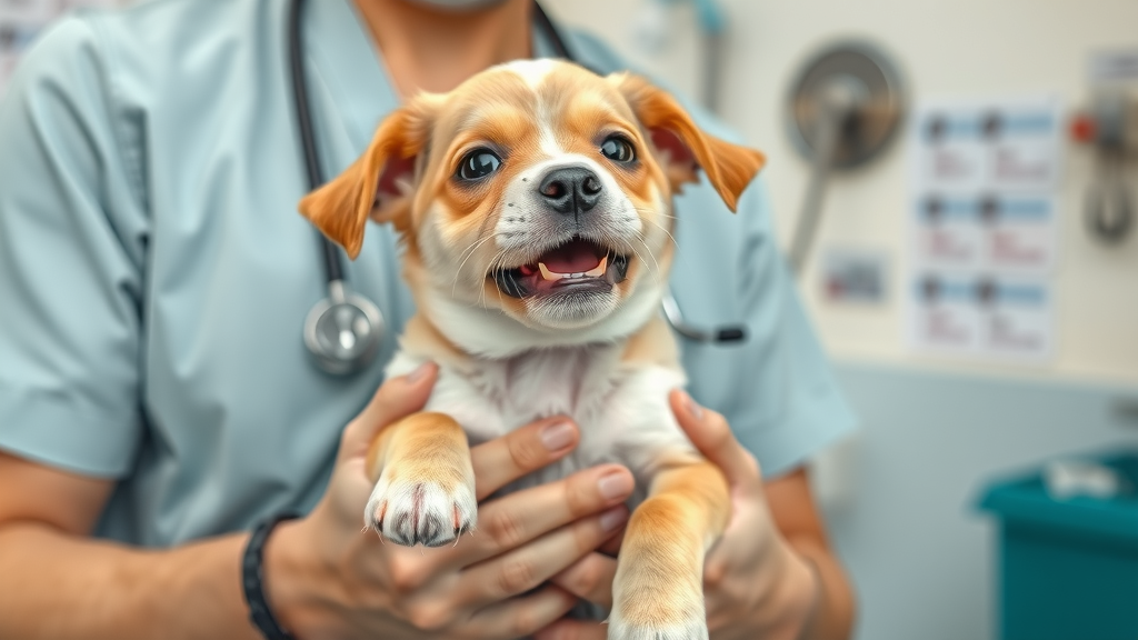 adorable young puppy, excited, gently held by caring veterinarian during a wellness exam, vaccination charts, how often should i take my dog to the vet?
