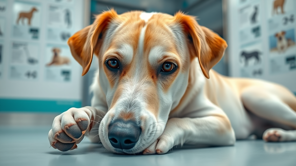 concerned dog licking own paw at veterinary clinic - excessive dog licking health issues