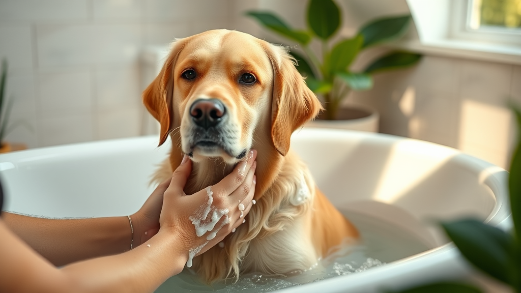 gentle golden retriever being bathed with shampoo for dogs with sensitive skin, calm and relaxed in a sunlit bathroom