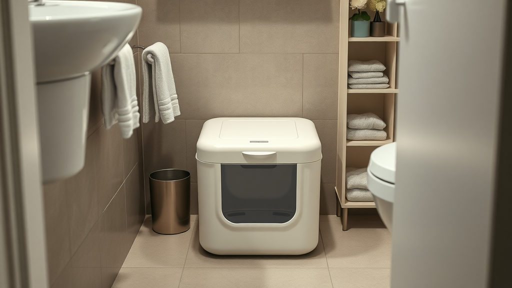 minimalistic modern litter box discreetly placed in small apartment bathroom corner