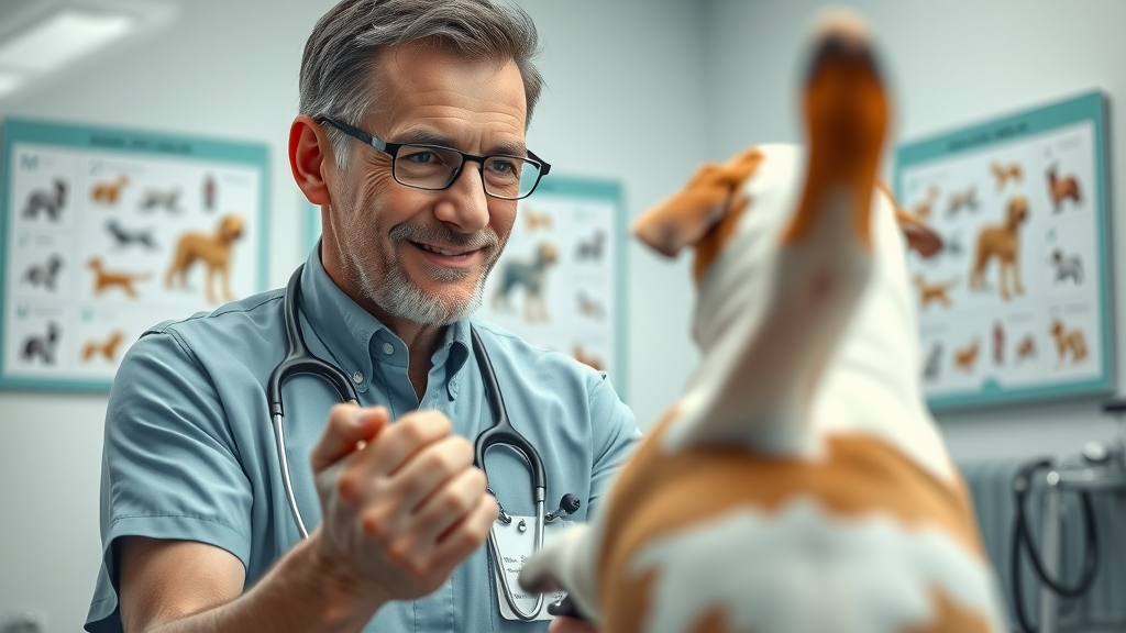 veterinarian observing dog tail wag checkup photorealistic clinic