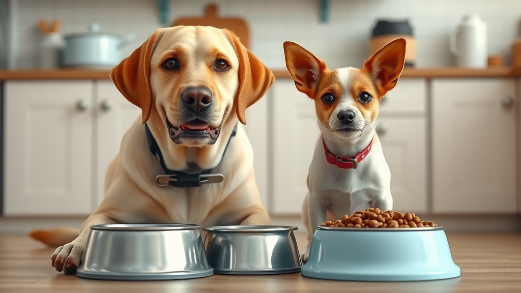 Friendly Labrador and small terrier content expressions sitting beside full food bowls, dog feeding