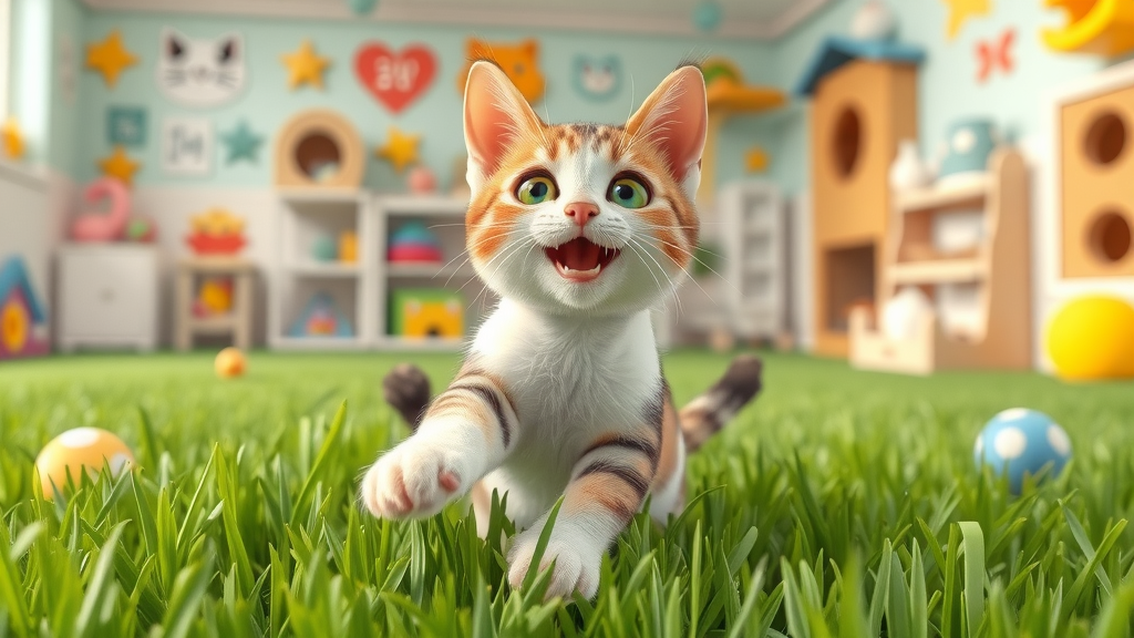Playful housecat pawing at grass in enriched indoor play area, behavioral grass eating