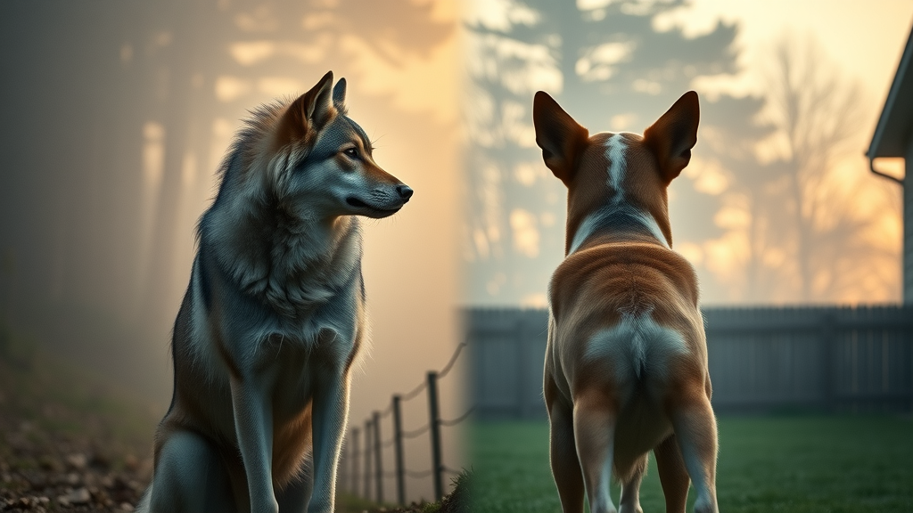 historic wolf and domesticated dog tail wagging evolution photorealistic