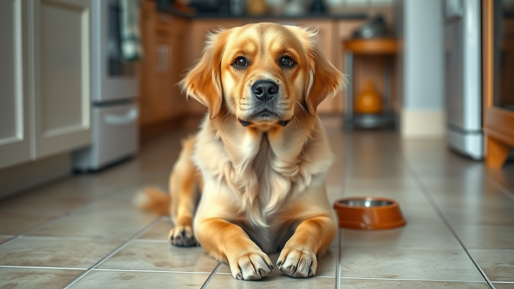 concerned golden retriever with alert expression sitting on kitchen tile floor, background with pet bowl and household details, why is my dog throwing up?