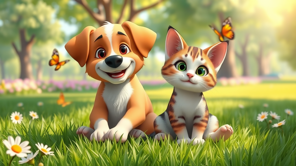 dogs and cats eat grass together in park, cheerful pet behavior