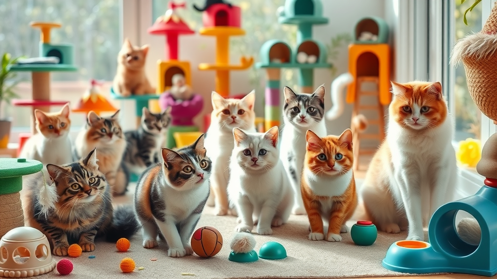 cat breeds attention do cats, colorful playful cat trees and interactive toys in sunny room