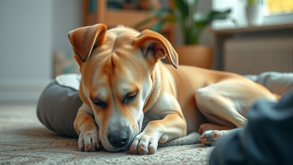 concerned dog showing discomfort before lying down, circling before lying, possible joint issues