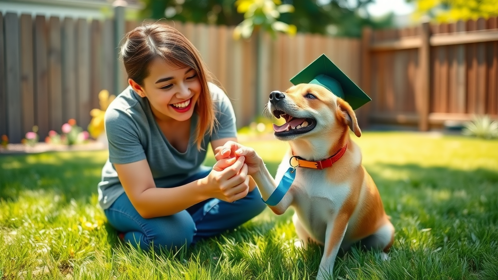 Graduated rescue dog learning a trick, owner happy, celebrating year ago journey, transformation after rescue